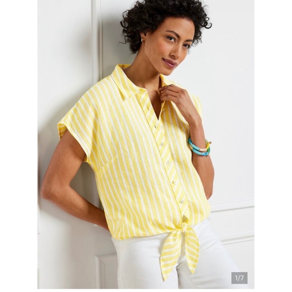 Talbots Yellow White Stripe Linen Tie Hem Button Front‎ Top Size L